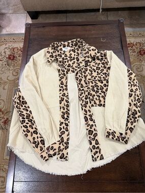 Leopard Trim Cream Shacket - Women's Jacket & Coat